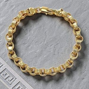 New 18k Gold Plated Italy Luxury Greek Key Rolo Chain Bracelet